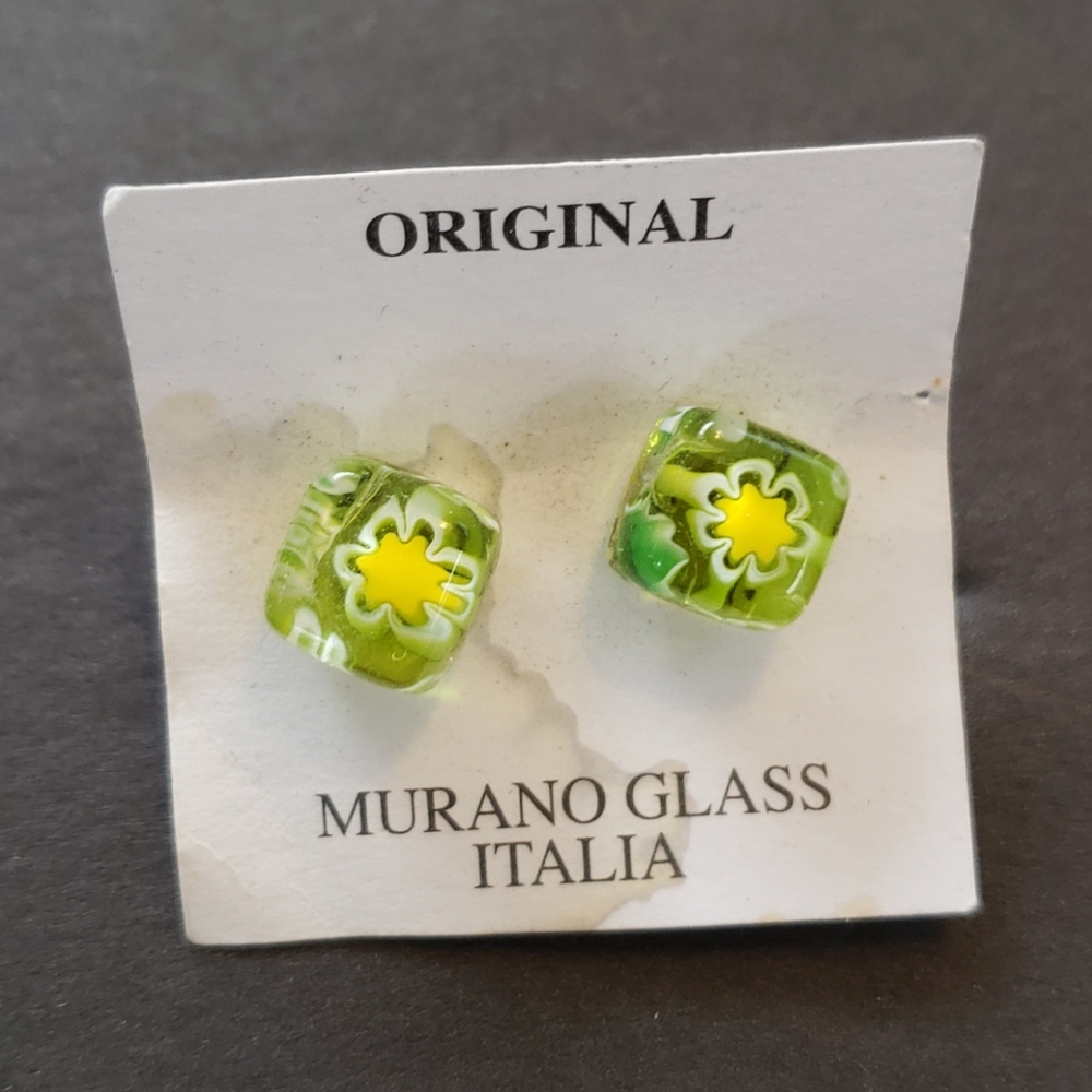 MURANO ITALIAN Glass Flower Post Earrings - Green